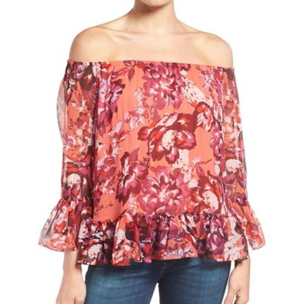 Lucky Brand Floral The Shoulder Blouse Top Size S